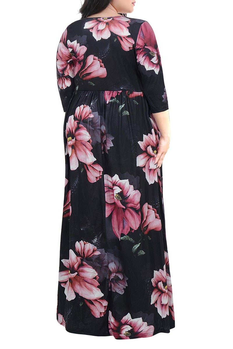 Nemidor Womens Casual V-Neck 3/4 Sleeve Plus Size Long Maxi Dress with Pockets NEM170 (24,Pink Flower) - Image 2